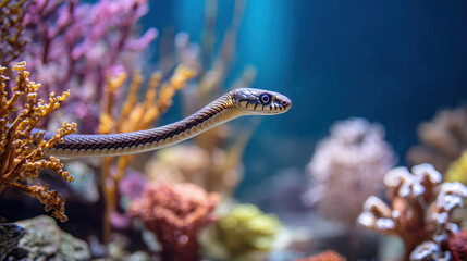 Colorful coral reef with a graceful snake swimming among vibrant marine life in a serene underwater environment