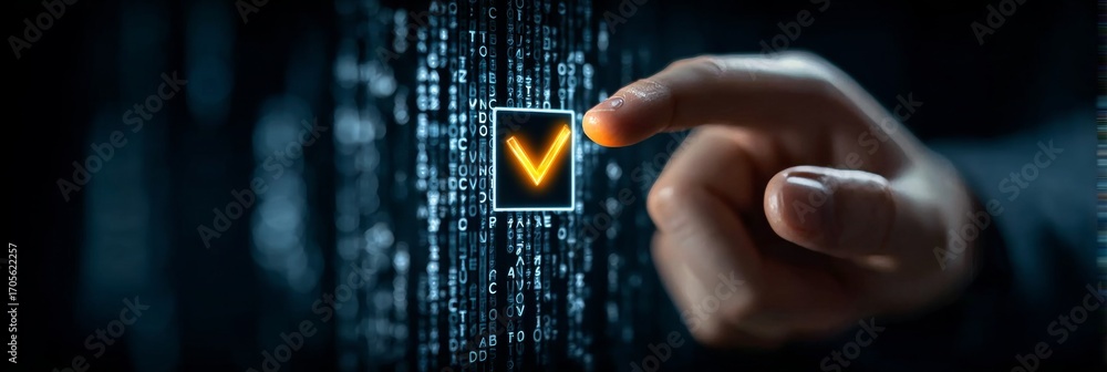 Aufkleber finger interacting with a glowing tick icon on a high-tech virtual display with security overlay