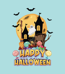 Festive Halloween Scene with Candy, Spooky Tree, and Bats Vector Illustration