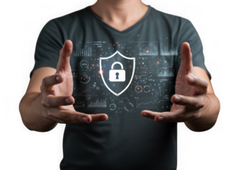 Person holding a glowing digital shield with a padlock icon