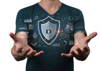 Digital security shield with futuristic data overlays