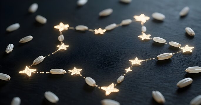 Creative constellation design made from glowing rice grains and illuminated stars on dark background, abstract cosmic artwork symbolizing hope, future harvest - Powered by Adobe