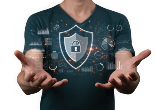 Digital security shield with futuristic data overlays