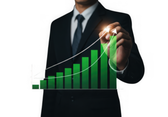 Businessman draws upward trending financial graph with glowing green bars