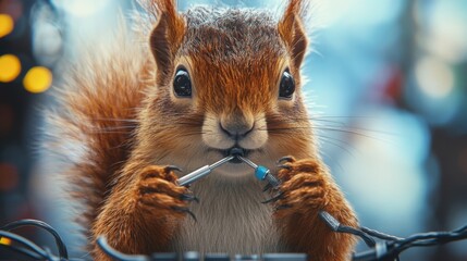 Squirrel using a tool to interact with wires in a lively urban setting during the afternoon