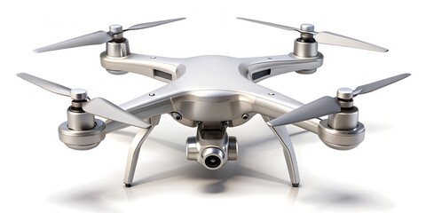 A silver drone with four propellers and a camera on a white background