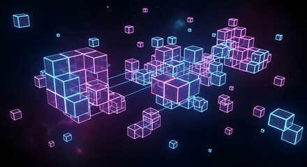Futuristic digital network of interconnected glowing cubes representing data blocks in a virtual space