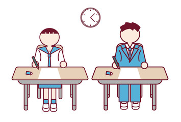 テストを受ける学生の男女のフラットデザインイラスト