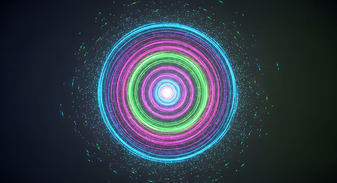 Vibrant abstract design featuring glowing concentric neon rings of cyan and magenta light on a dark futuristic background