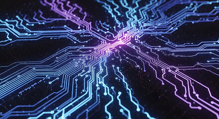 An intricate web of glowing digital circuits, symbolizing the complex flow of information in a futuristic technological network