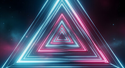 Digital journey through an endless corridor of concentric glowing blue and pink neon triangles in a futuristic abstract space
