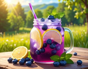 Vibrant purple blueberry lemonade in a mason jar, garnished with fresh lemon slices and mint, sits on a wooden table against a picturesque summer backdrop.