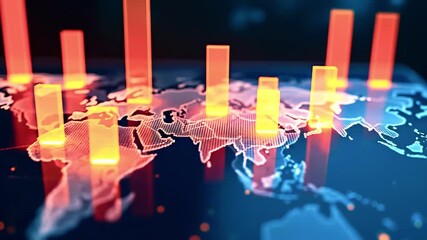 Vibrant digital world map with glowing bar graphs representing data analytics and trends - Powered by Adobe