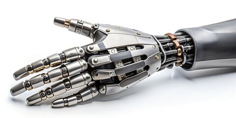 Close up of a robotic hand with visible wires on a white background