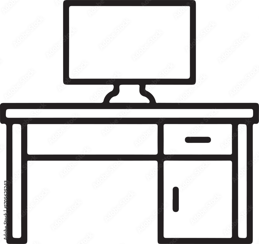 Poster simple line art icon of a desk with a computer monitor