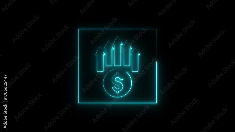 Poster line of dollar sign with up arrow icon animation. cyan five up arrow icon animation on black backgro