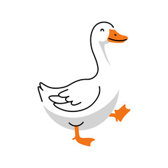 Walking cartoon goose with orange beak  feet happily stepping forward embodying whimsical charm and lively animation perfect for childrens content.