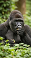 Obraz premium Contemplative Gorilla Engaged in Feeding within its Natural Habitat