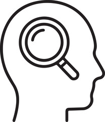 Magnifying glass inside human head silhouette symbolizing thought and analysis