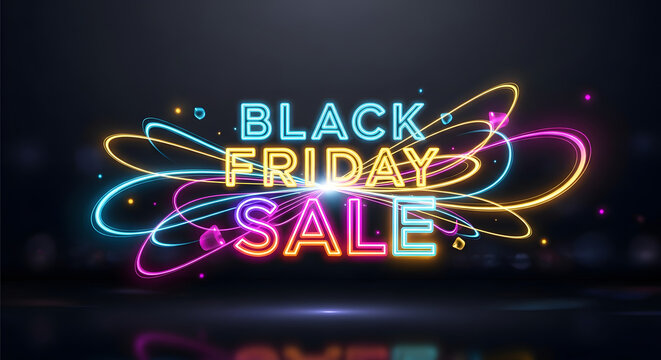 Vibrant neon typography surrounded by glowing orbital light trails for a futuristic promotional shopping event banner - Powered by Adobe