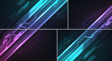 Set of four futuristic digital backgrounds featuring glowing neon blue and purple lines on a dark, high-tech cybernetic circuit pattern