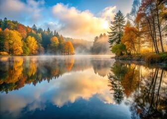 Obraz premium Misty lake with trees foggy morning