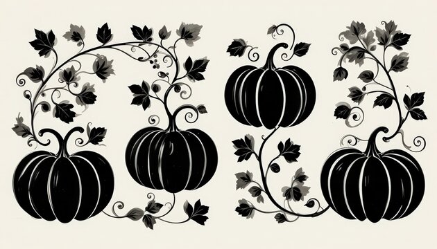 Elegant Black Silhouette Pumpkins with Vines and Leaves Design Elements