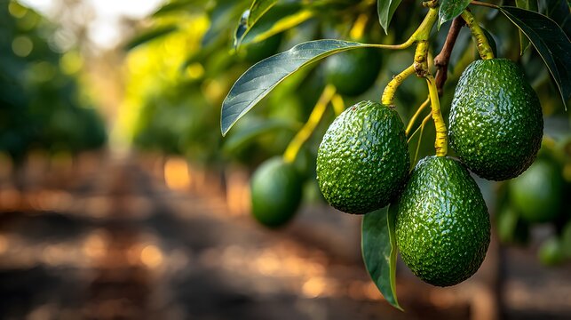 Sun-drenched branch is laden with fresh green avocados in an orchard. The background trees are blurred beautifully by the warm, golden hour sun.