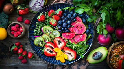 Fresh mixed berries and sliced fruits arranged on dark plate with leafy greens, surrounded by whole fruits and vegetables on rustic wooden surface, evoking healthy and colorful meal