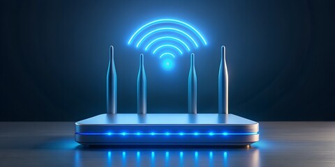 A glowing wifi router with four antennas on a reflective surface area