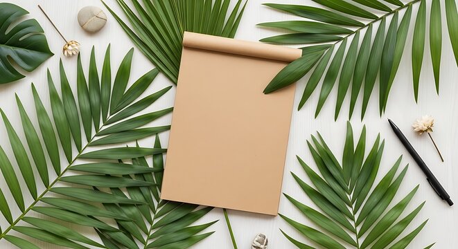 Tropical themed sketchbook mock-up with pen and palm fronds on white wood