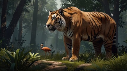Majestic tiger and bird in a misty forest