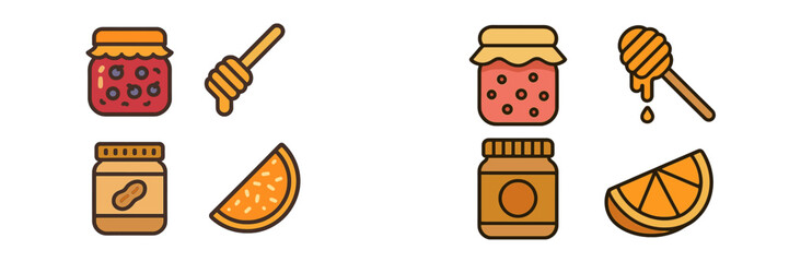 Flat icons for breakfast foods and spreads like jam, peanut butter, and honey