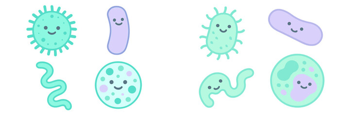 Happy cartoon microbes and pathogens, science and biology theme