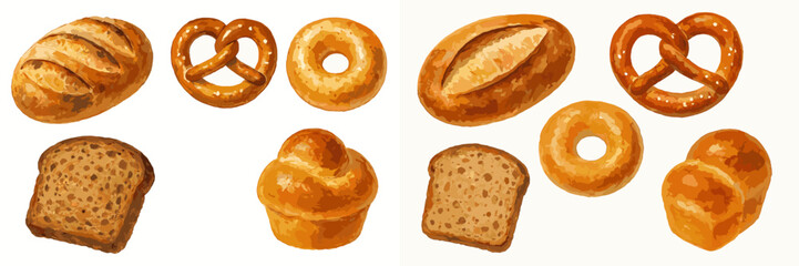Freshly baked bread assortment with loaves, pretzels, bagels, and brioche