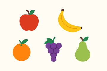 Assortment of fresh and healthy fruits including apple, banana, orange, grapes, and pear on a light background