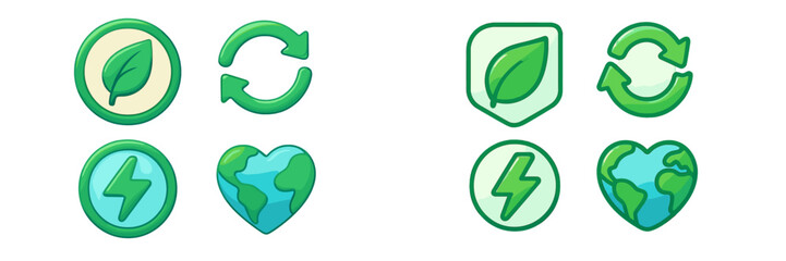Eco-friendly icon set with symbols for nature, recycling, renewable energy, and global environmental protection