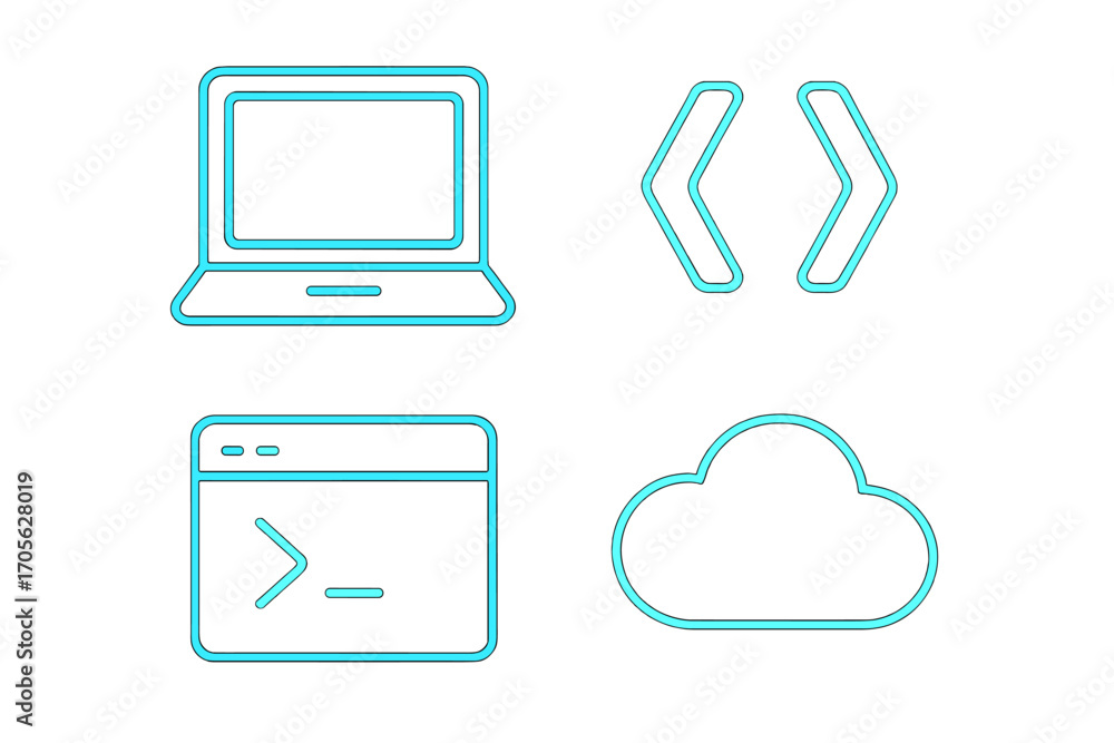 Fototapete digital technology and software development symbols with laptop, coding, command line interface, and