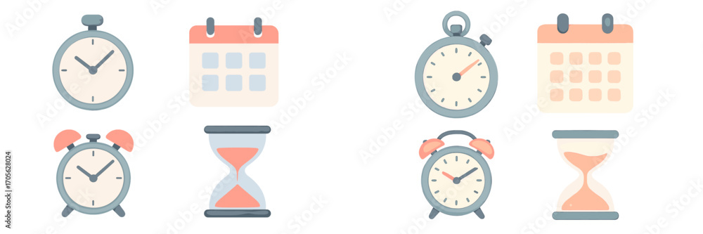 Poster visual representation of time management and scheduling concepts with clocks, calendars, stopwatches