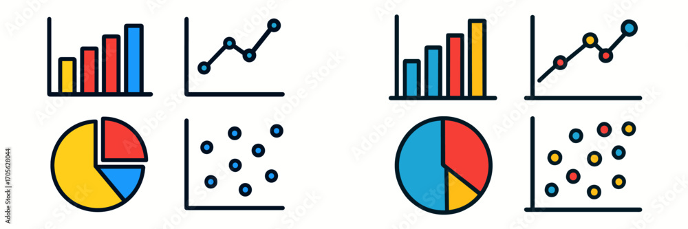 Fototapete set of various data visualization charts and graphs including bar, line, pie, and scatter plots for 