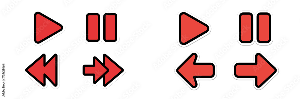 Fototapete set of red media player control buttons and navigation arrows with black outline and subtle white sh