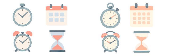 Visual representation of time management and scheduling concepts with clocks, calendars, stopwatches, and hourglasses