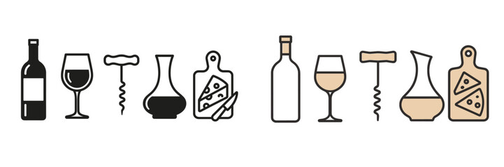 Wine and cheese tasting accessories with bottles, glasses, corkscrews, decanters, and serving boards