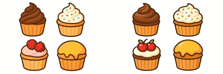 Variety of sweet baked cupcakes with different frosting flavors and decorative toppings, including chocolate, vanilla, raspberry, and cherry