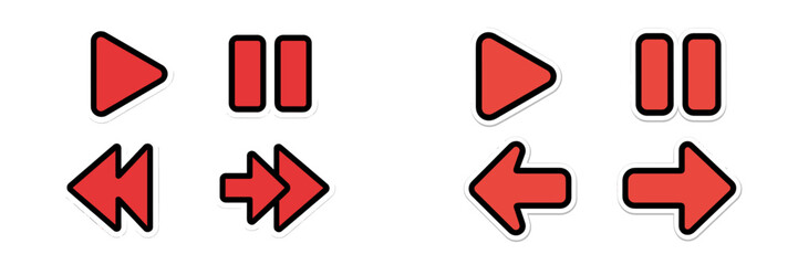 Set of red media player control buttons and navigation arrows with black outline and subtle white shadow effect