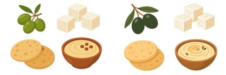 Assortment of Mediterranean food items including green and black olives, feta cheese cubes, creamy hummus, and crispy flatbread