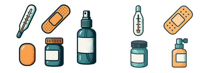 Collection of common medical and wellness items such as thermometers, adhesive bandages, spray bottles, and pill containers
