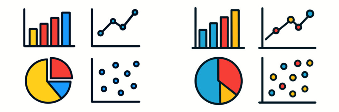 Set of various data visualization charts and graphs including bar, line, pie, and scatter plots for business analytics and reporting