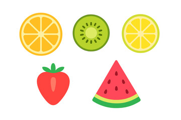 Fototapeta premium Vibrant collection of fresh fruit slices and whole fruit shapes including citrus, kiwi, strawberry, and watermelon