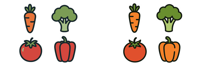 Colorful fresh healthy vegetables including carrots, broccoli, tomatoes, and bell peppers in a clean graphic style